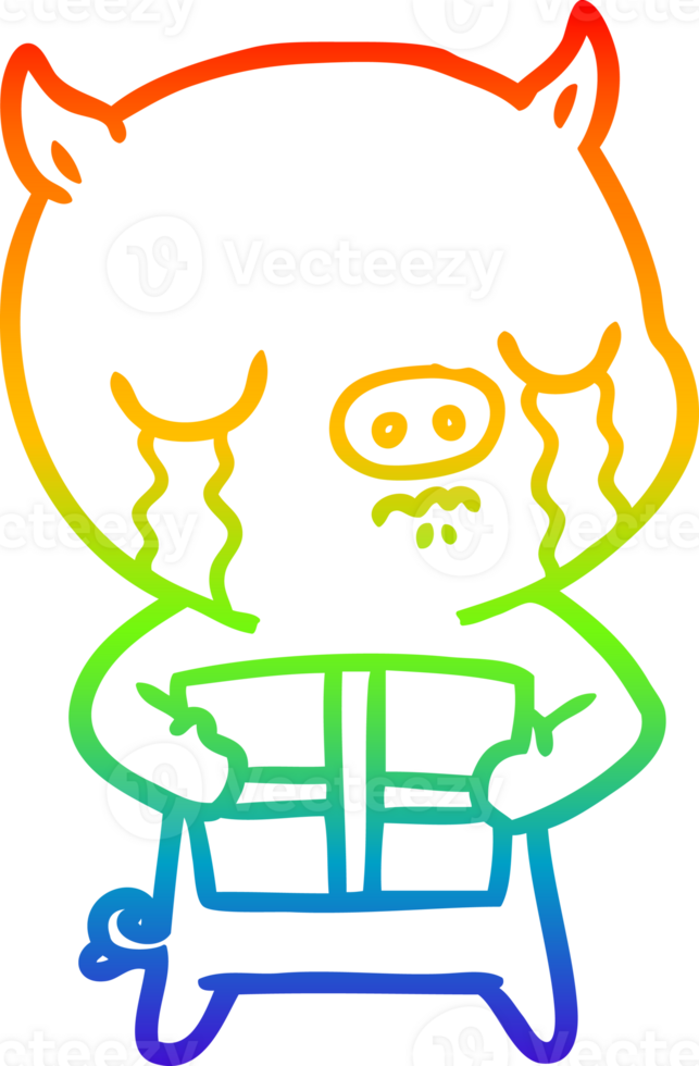 rainbow gradient line drawing of a cartoon pig crying over christmas present png