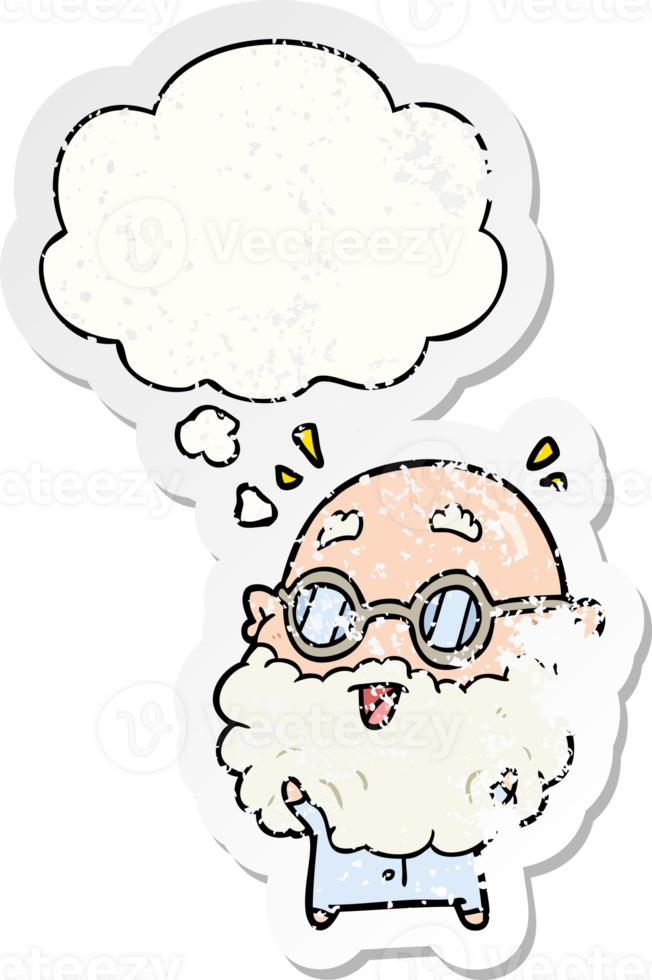 cartoon surprised old man with thought bubble as a distressed worn sticker png
