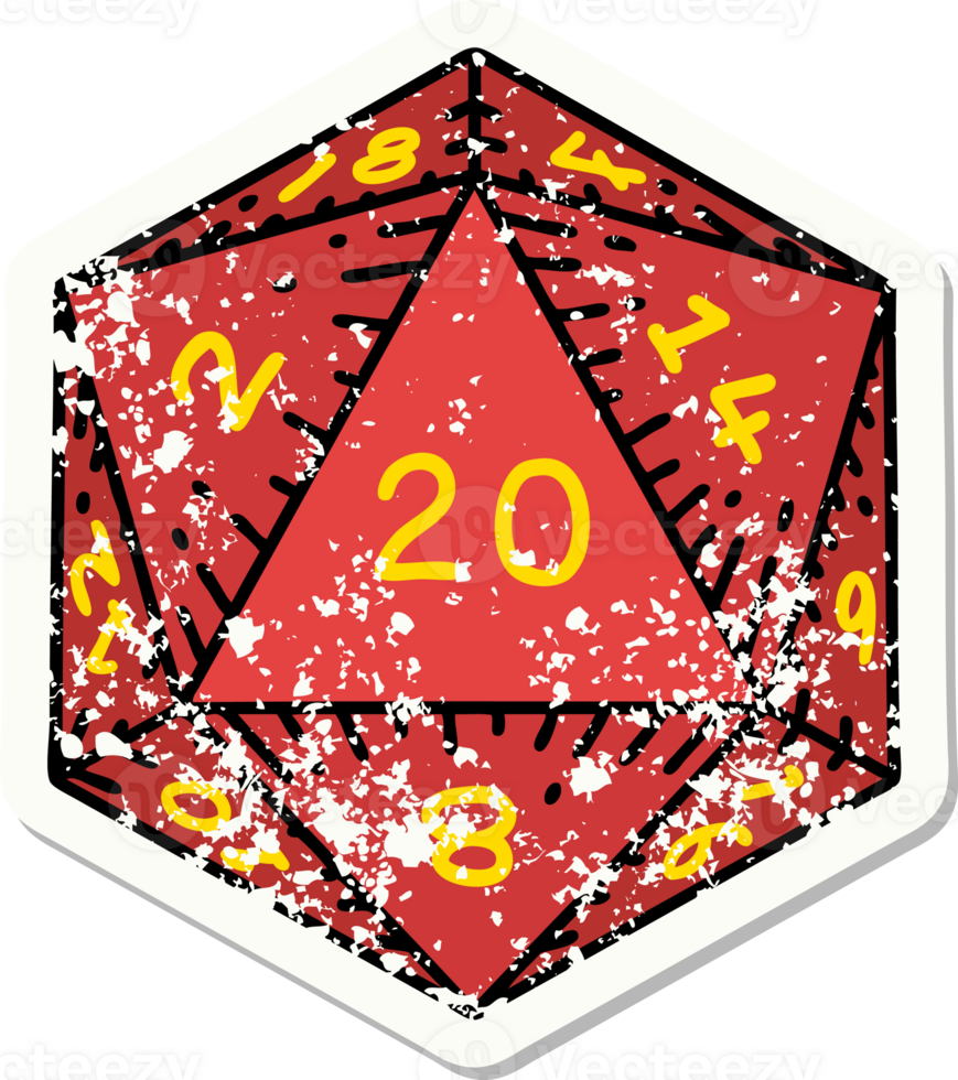 grunge sticker of a natural 20 D20 dice roll png