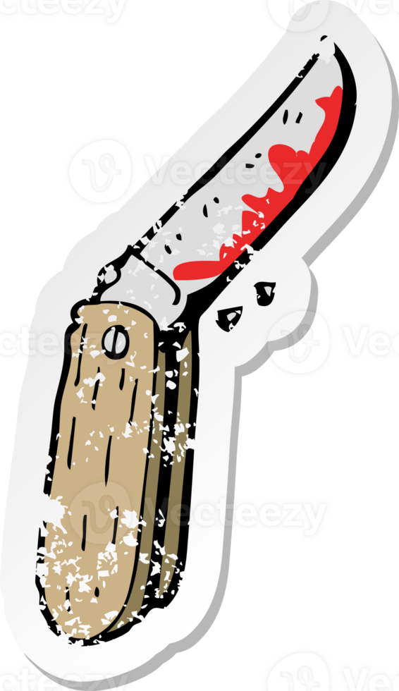 retro distressed sticker of a cartoon bloody folding knife png