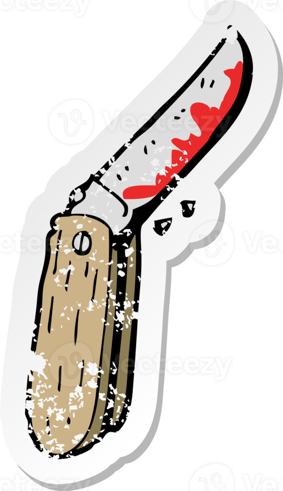 adesivo retrô angustiado de uma faca dobrável sangrenta de desenho animado png