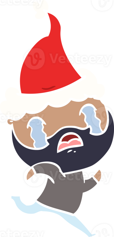 hand drawn flat color illustration of a bearded man crying wearing santa hat png