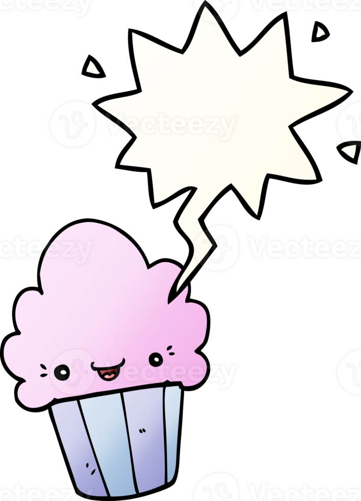 cartoon cupcake with face with speech bubble in smooth gradient style png