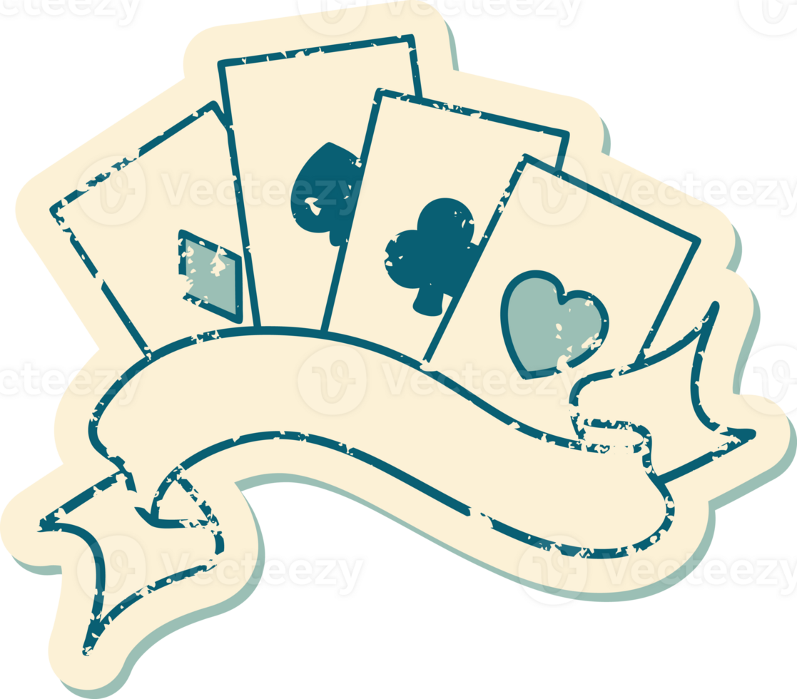 iconic distressed sticker tattoo style image of cards and banner png