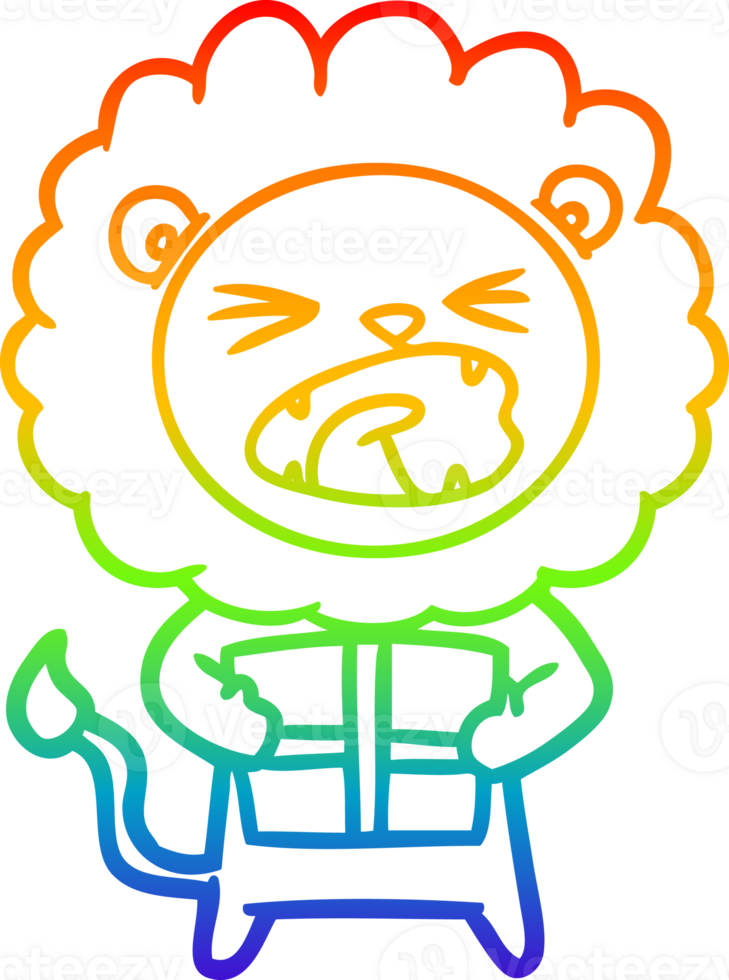 rainbow gradient line drawing of a cartoon lion with christmas present png