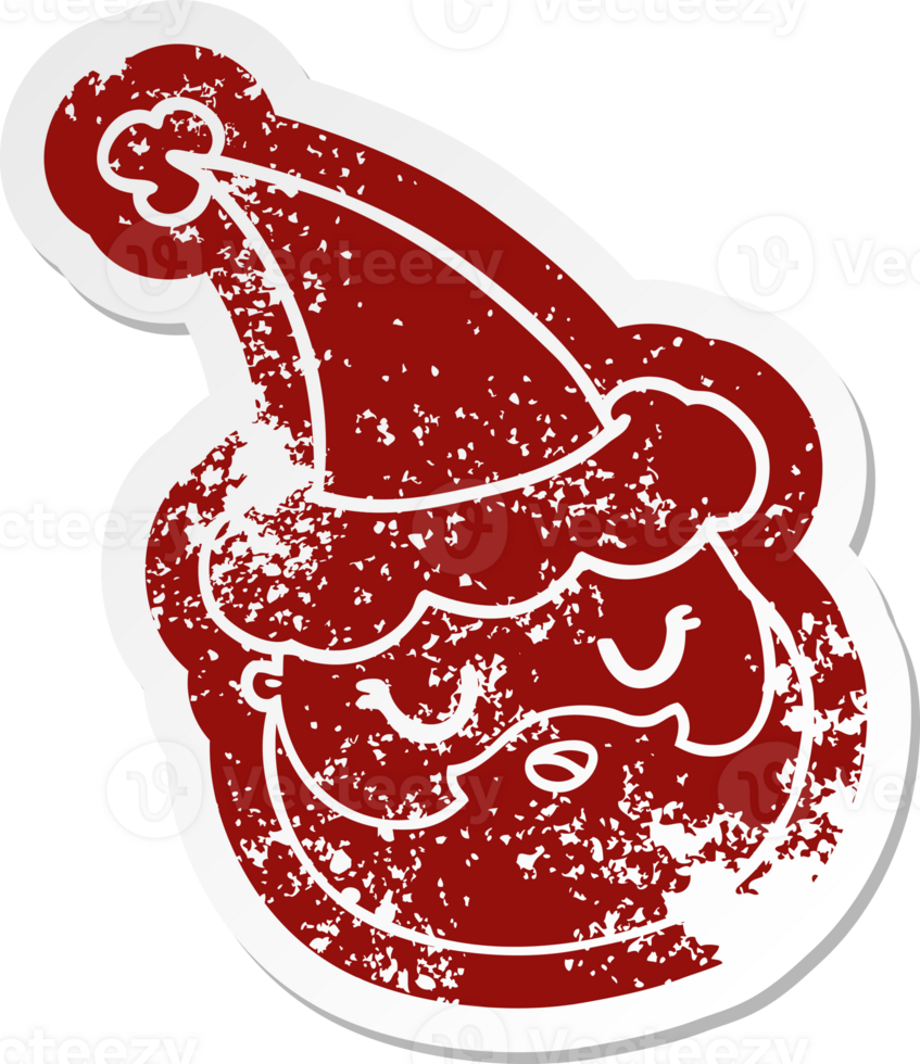 quirky cartoon distressed sticker of a male face with beard wearing santa hat png