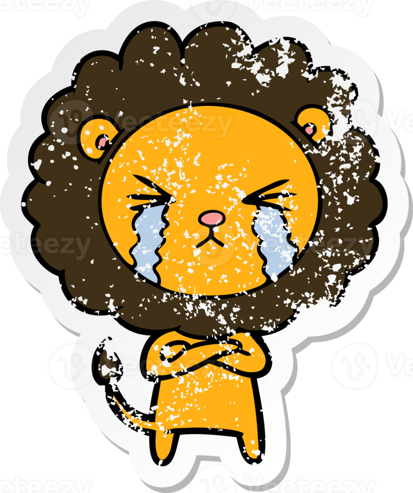 distressed sticker of a cartoon crying lion png