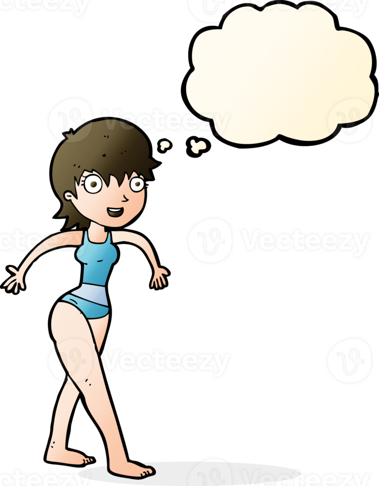 cartoon happy woman in swimming costume with thought bubble png