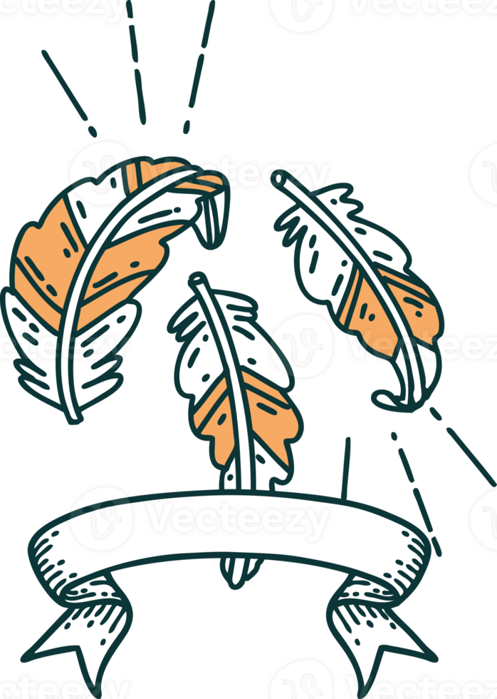 scroll banner with tattoo style feathers floating png