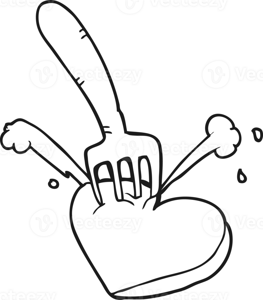 hand drawn black and white cartoon heart stabbed by fork png