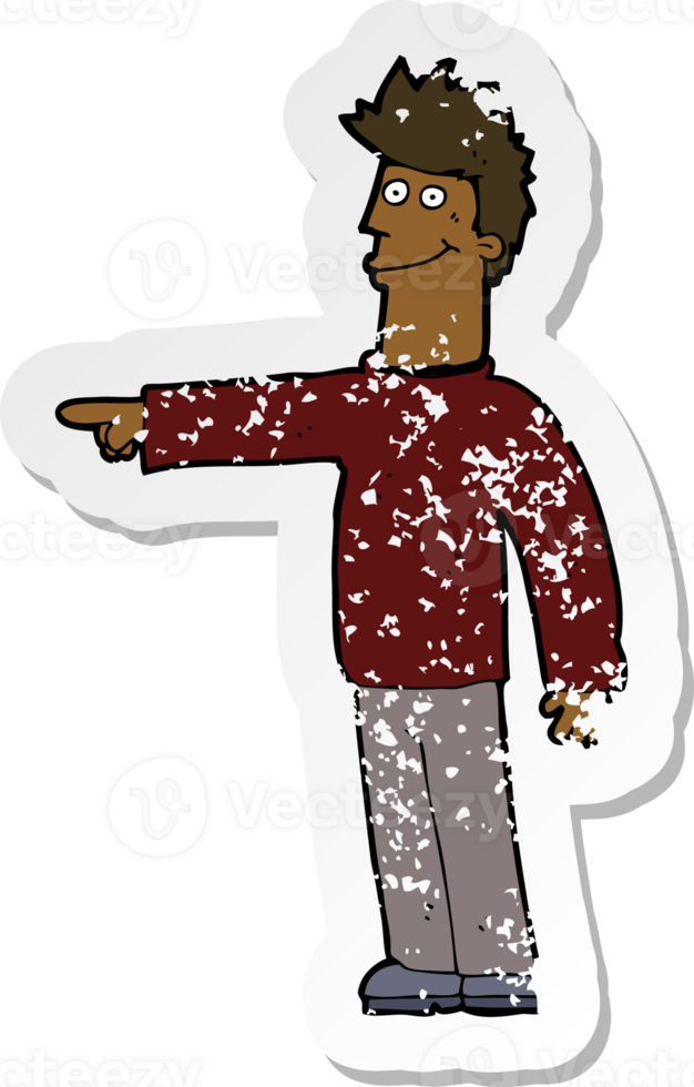 retro distressed sticker of a cartoon happy pointing man png