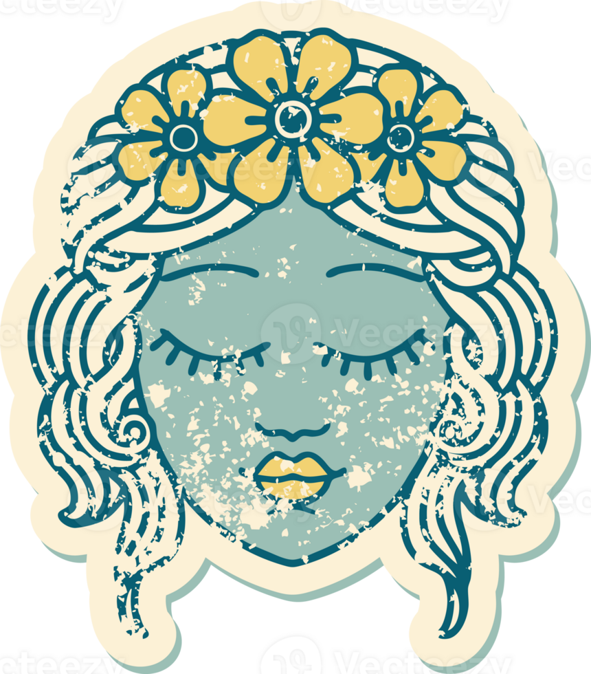 iconic distressed sticker tattoo style image of a maidens face png