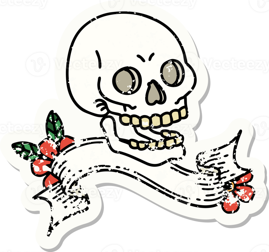 worn old sticker with banner of a skull png