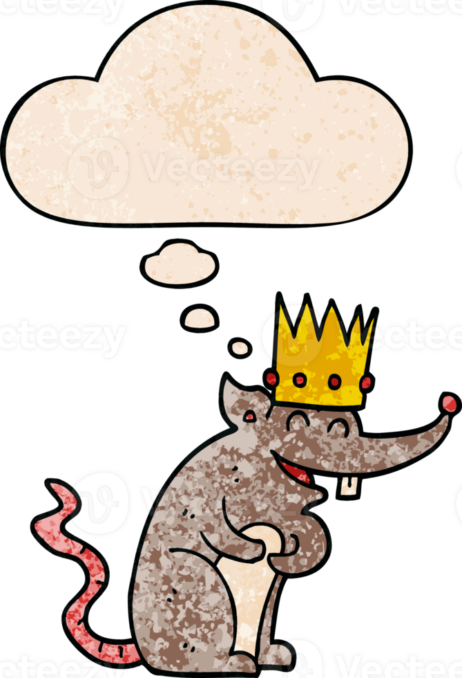 cartoon rat king laughing with thought bubble in grunge texture style png