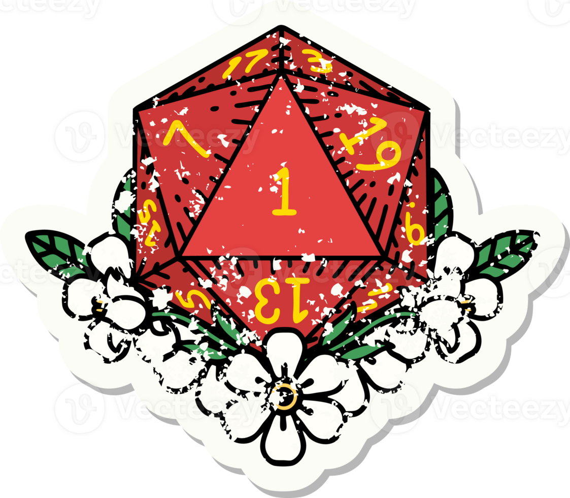 grunge sticker of a natural one dice roll with floral elements png