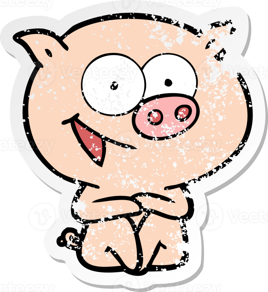 distressed sticker of a cheerful sitting pig cartoon png