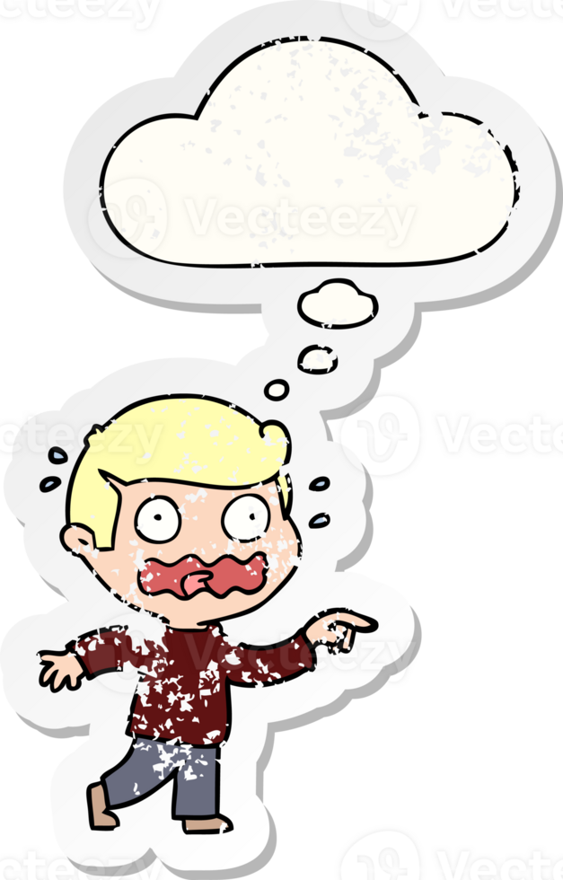 cartoon stressed out pointing with thought bubble as a distressed worn sticker png