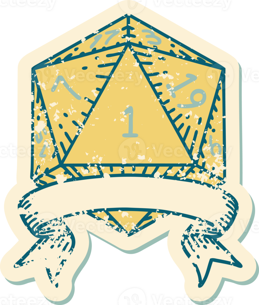 Retro Tattoo Style natural one d20 dice roll png