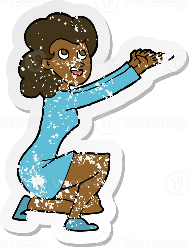 retro distressed sticker of a cartoon woman presentation gesture png