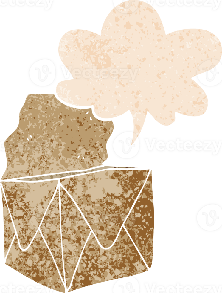 cartoon package with speech bubble in grunge distressed retro textured style png