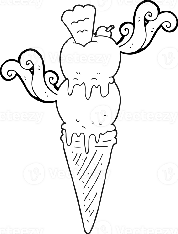 hand drawn black and white cartoon ice cream cone png