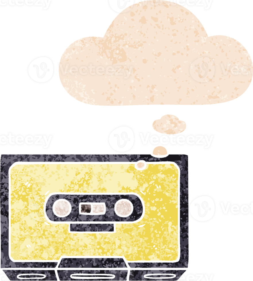 cartoon old cassette tape with thought bubble in grunge distressed retro textured style png