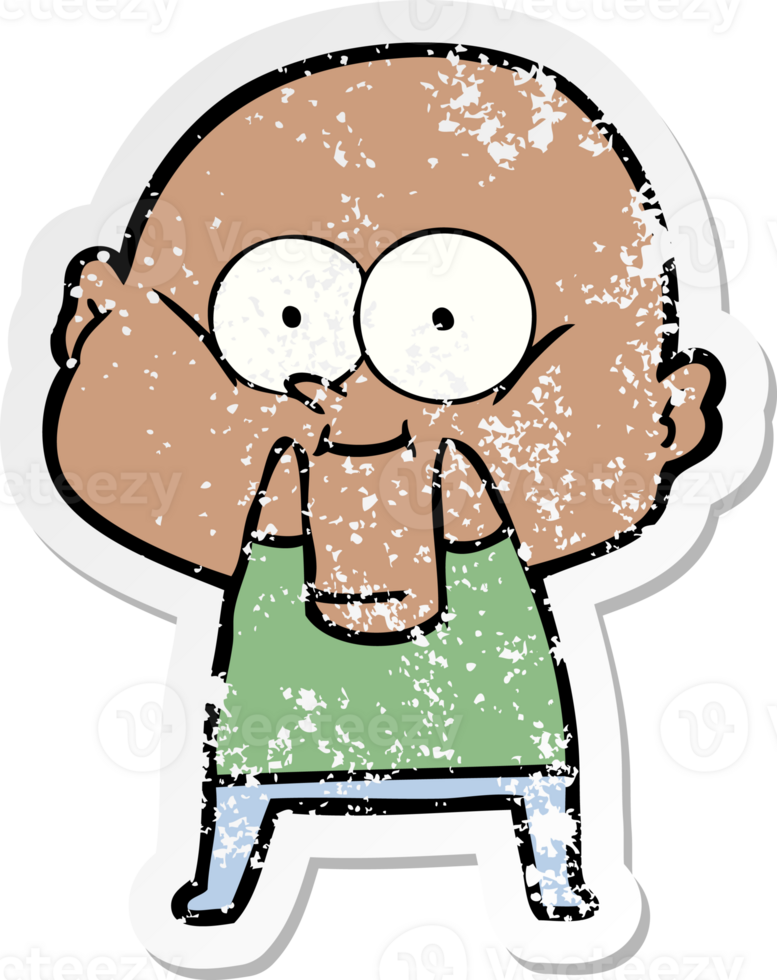 distressed sticker of a cartoon bald man staring png