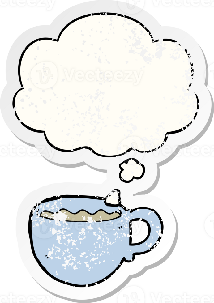 cartoon coffee cup with thought bubble as a distressed worn sticker png