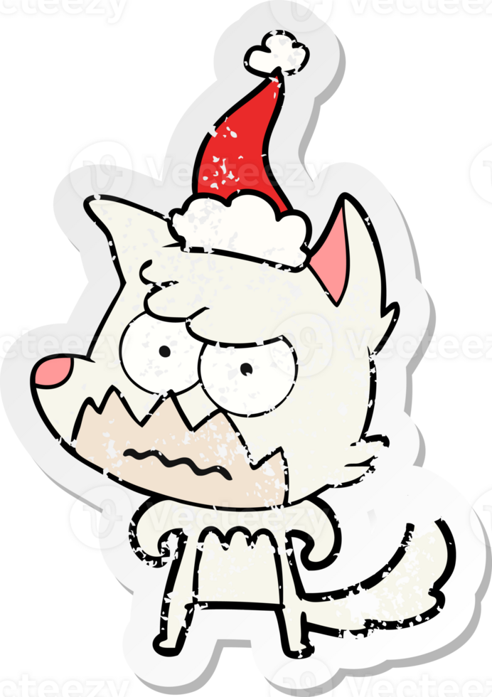 hand drawn distressed sticker cartoon of a annoyed fox wearing santa hat png