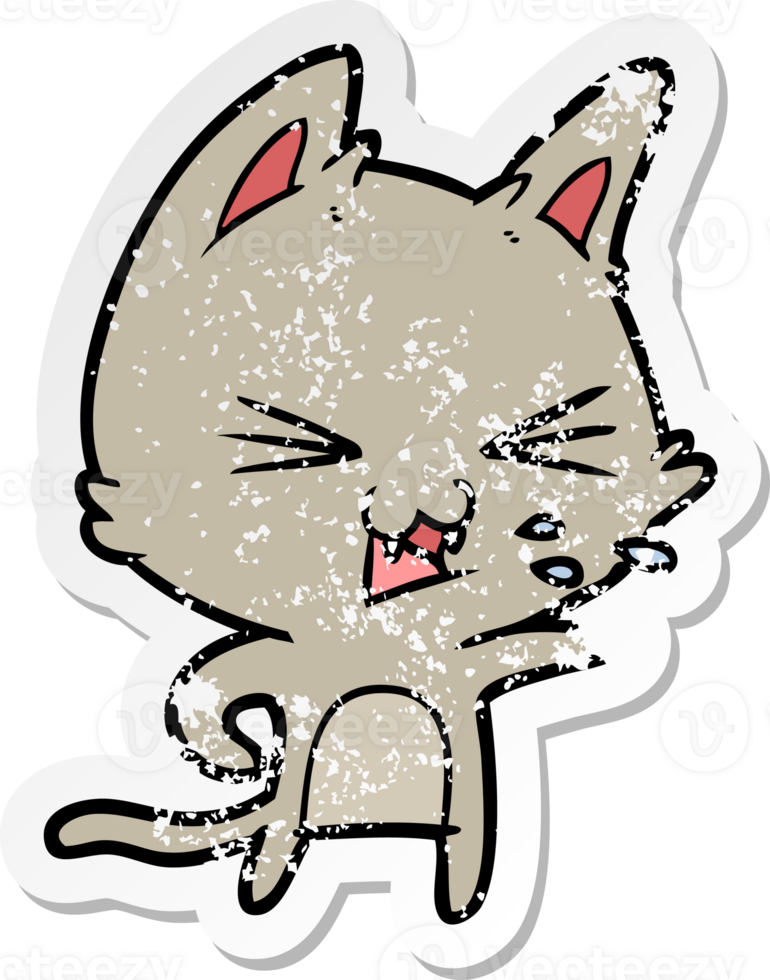 distressed sticker of a cartoon cat hissing png