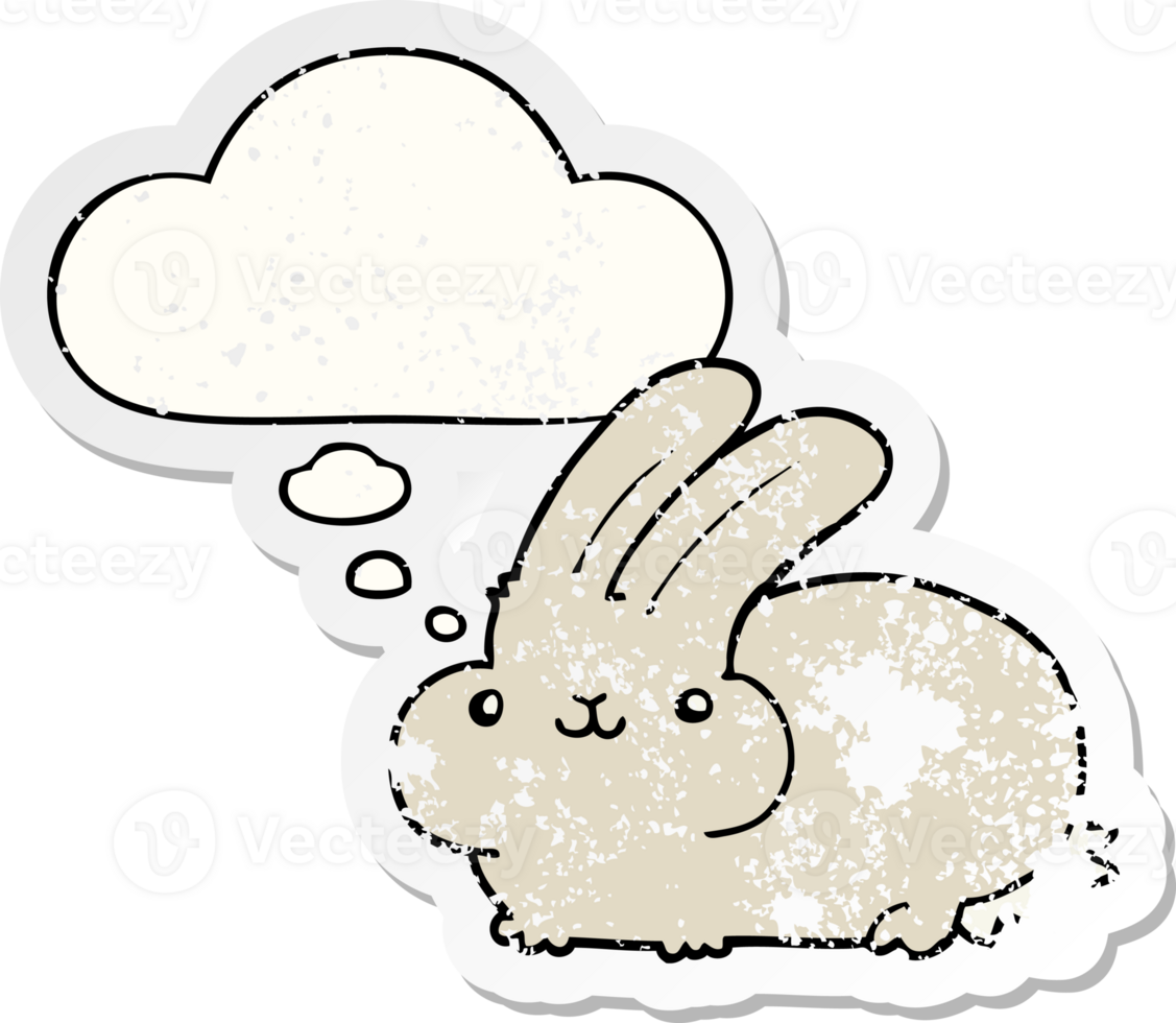 cartoon rabbit with thought bubble as a distressed worn sticker png