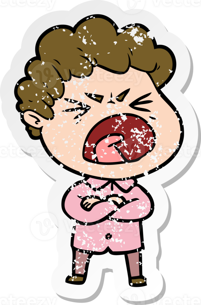 distressed sticker of a cartoon furious man png