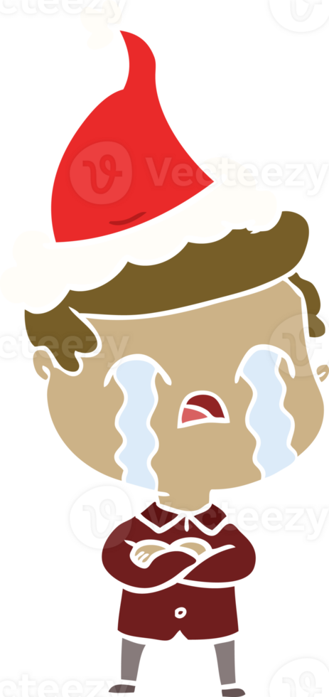 hand drawn flat color illustration of a man crying wearing santa hat png