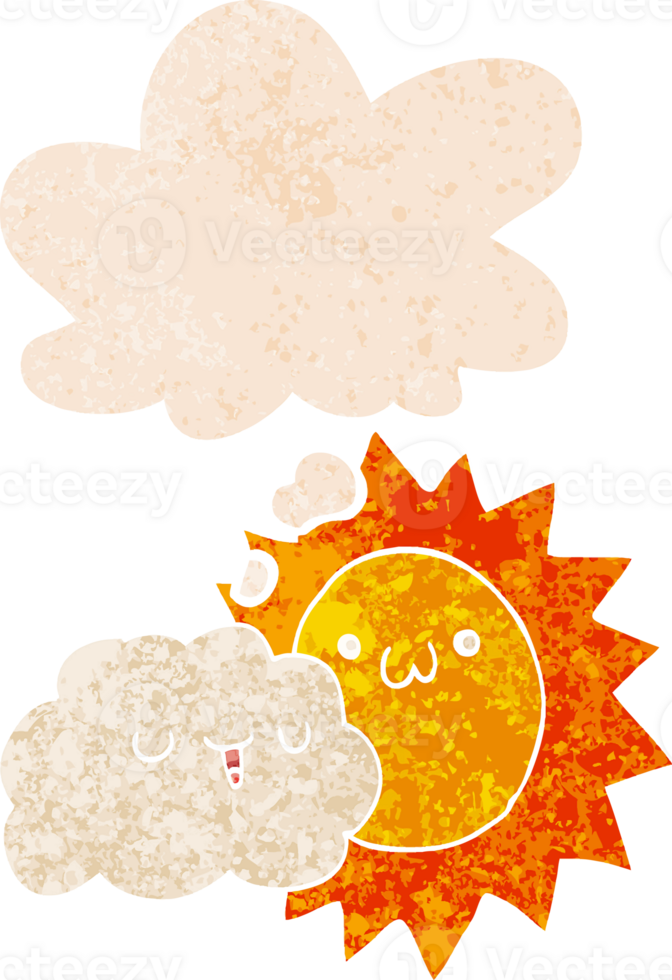 cartoon sun and cloud with thought bubble in grunge distressed retro textured style png