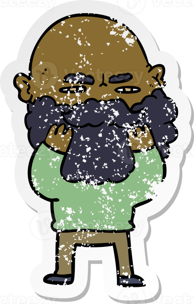 distressed sticker of a cartoon man with beard frowning checking his beard png