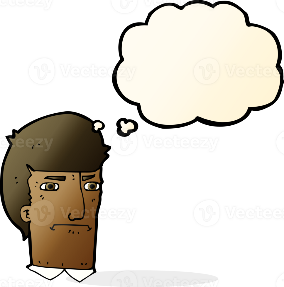 cartoon man narrowing eyes with thought bubble png