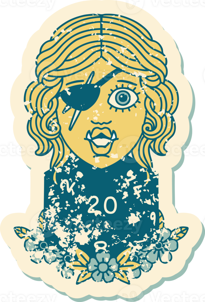 Retro Tattoo Style half orc rogue with natural 20 dice roll png