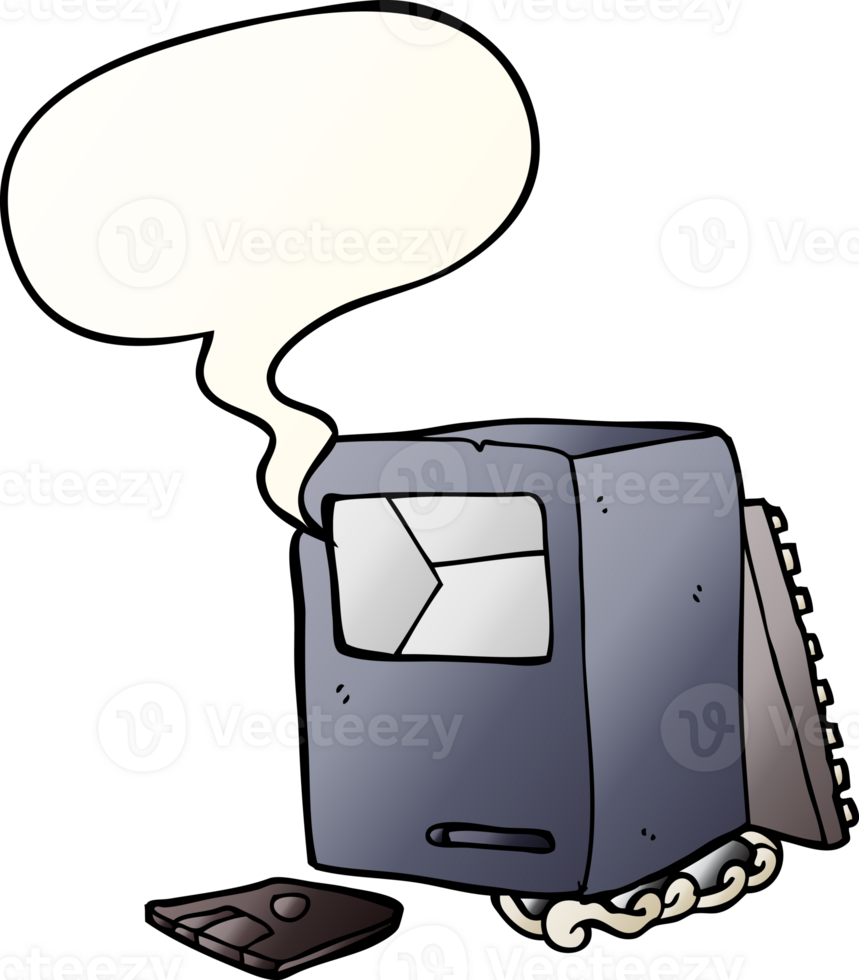 cartoon broken old computer with speech bubble in smooth gradient style png