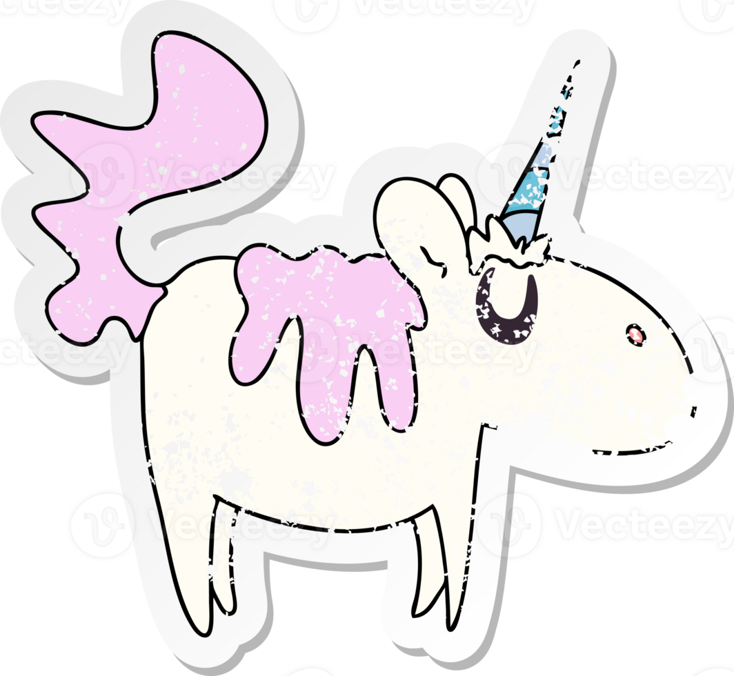distressed sticker of a quirky hand drawn cartoon unicorn png