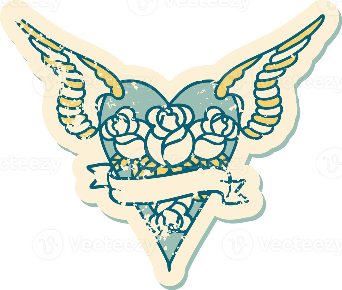 iconic distressed sticker tattoo style image of a flying heart with flowers and banner png
