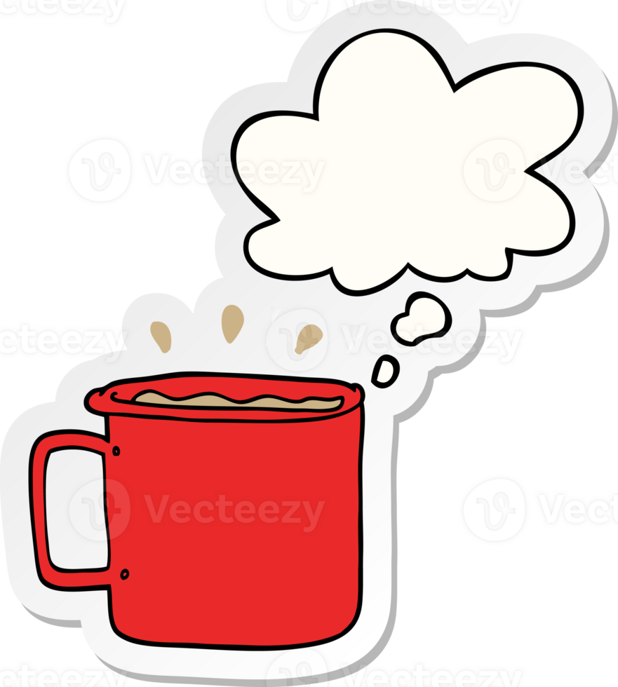 cartoon camping cup of coffee with thought bubble as a printed sticker png