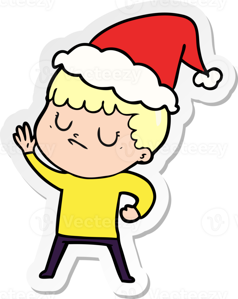 hand drawn sticker cartoon of a grumpy boy wearing santa hat png