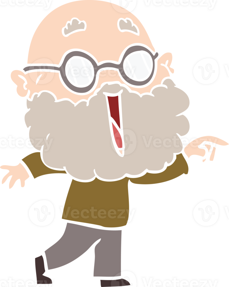 Fröhlicher Mann der flachen Farbartkarikatur mit dem Bart, der Finger zeigt png