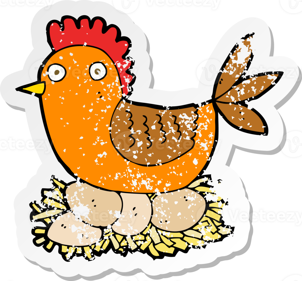 retro distressed sticker of a cartoon hen on eggs png