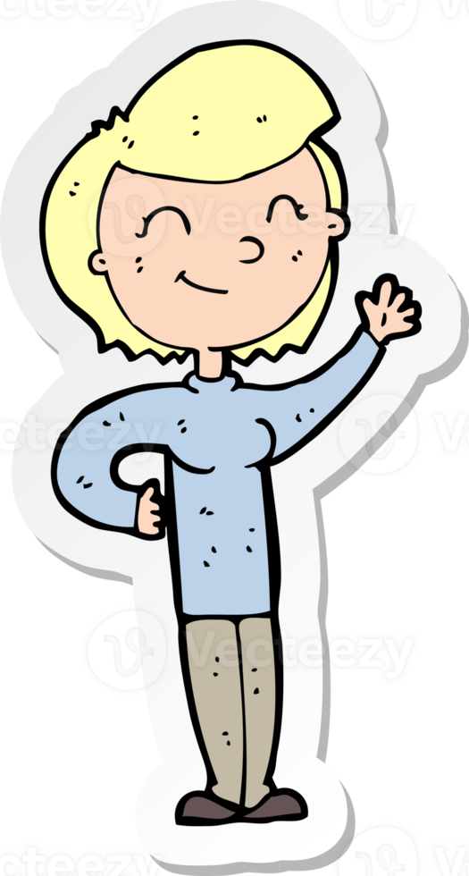 sticker of a cartoon friendly waving woman png