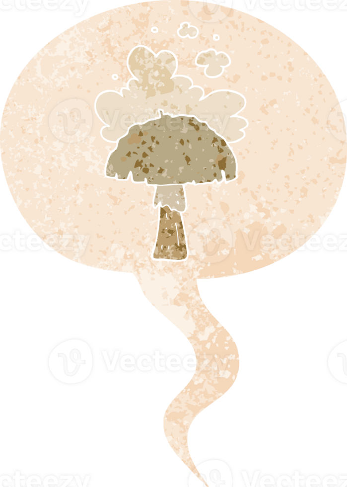cartoon mushroom with spore cloud with speech bubble in grunge distressed retro textured style png