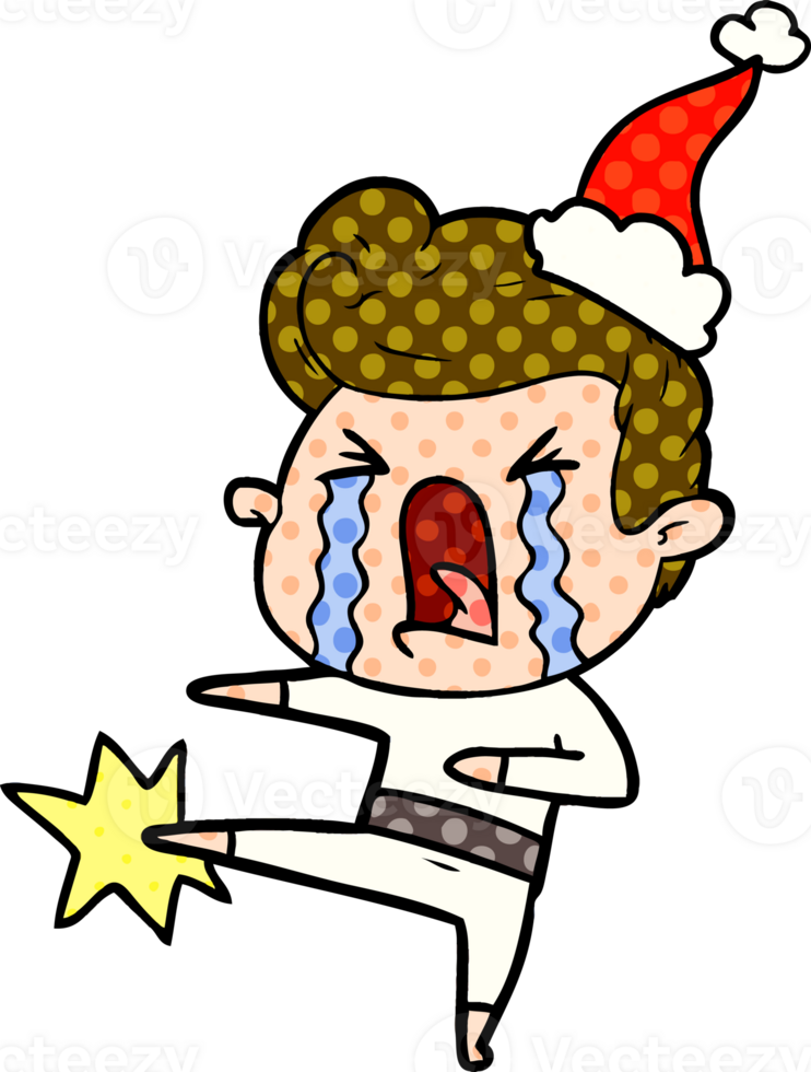hand drawn comic book style illustration of a crying man wearing santa hat png