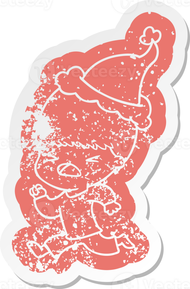 quirky cartoon distressed sticker of a stressed man wearing santa hat png