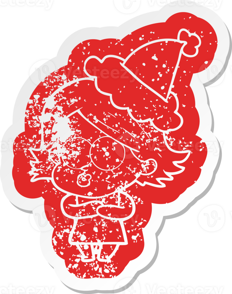 quirky cartoon distressed sticker of a girl pouting wearing santa hat png