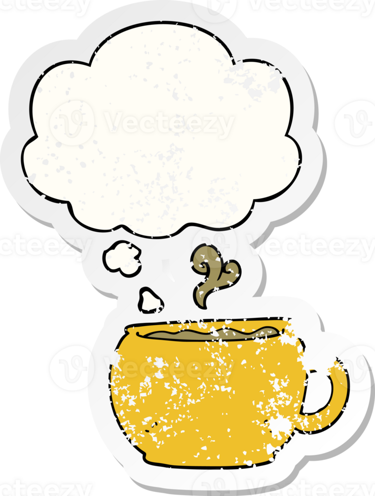 cartoon coffee cup with thought bubble as a distressed worn sticker png